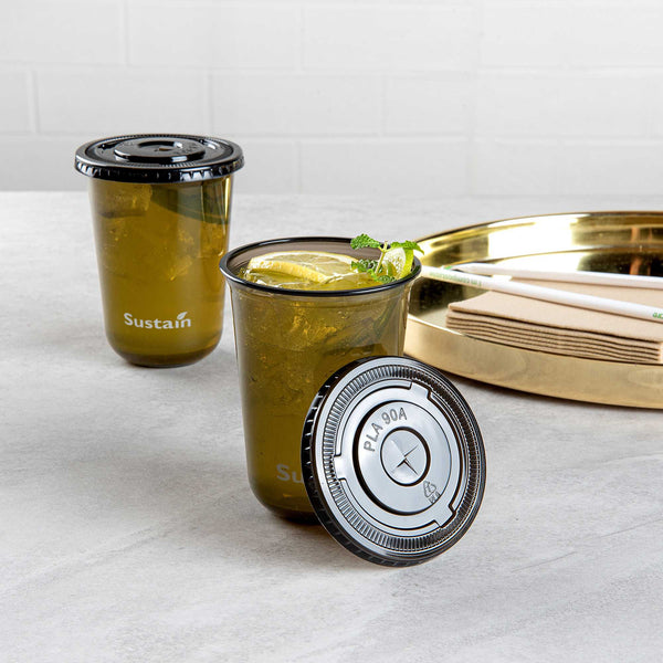 Restaurantware Sustain Round Black PLA Plastic Flat Lid - Fits 12 16 And 24 Oz Compostable - 3 1/2" X 3 1/2" X 1/4" - 1000 Count Box