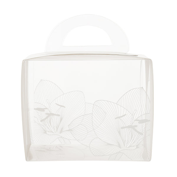 Restaurantware Sweet Vision Rectangle Clear Plastic Cupcake Box - With Handle White Paper Wrap Lotus Accent - 5" X 3 1/4" X 4" - 100 Count Box