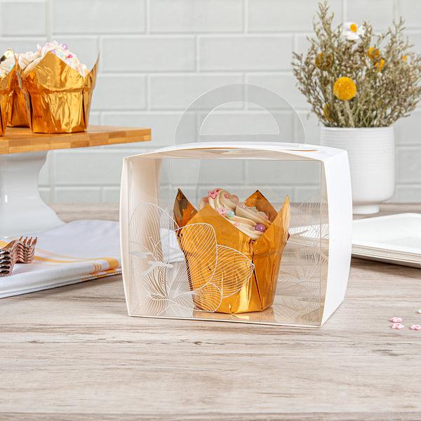 Restaurantware Sweet Vision Rectangle Clear Plastic Cupcake Box - With Handle White Paper Wrap Lotus Accent - 5" X 3 1/4" X 4" - 100 Count Box