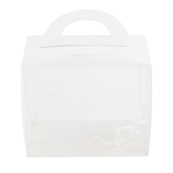 Restaurantware Sweet Vision Rectangle Clear Plastic Cupcake Box - With Handle White Paper Wrap Lotus Accent - 5" X 3 1/4" X 4" - 100 Count Box