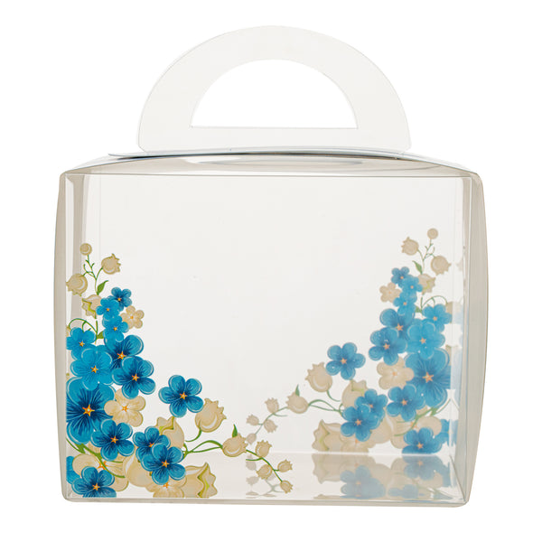 Restaurantware Sweet Vision Rectangle Clear Plastic Cupcake Box - With Handle Blue Paper Wrap Flower Accent - 5" X 3 1/4" X 4" - 100 Count Box