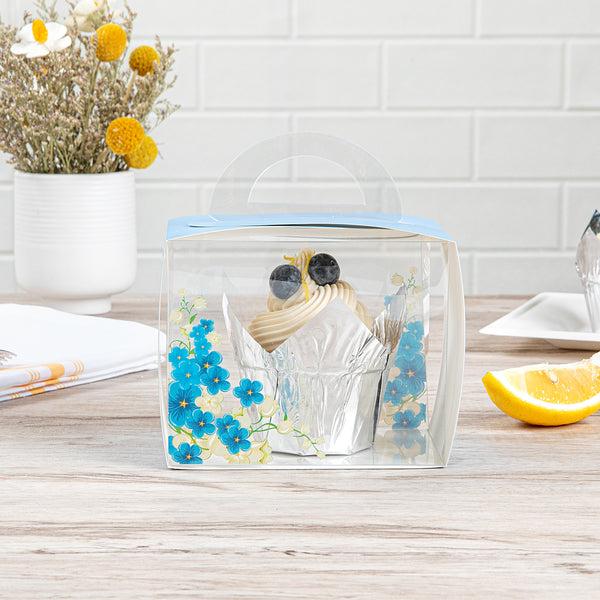 Restaurantware Sweet Vision Rectangle Clear Plastic Cupcake Box - With Handle Blue Paper Wrap Flower Accent - 5" X 3 1/4" X 4" - 100 Count Box
