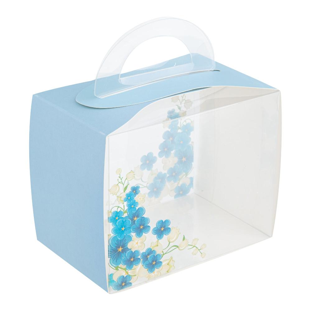 restaurantware Sweet Vision Rectangle Clear Plastic Cupcake Box - with Handle Blue Paper Wrap Flower Accent - 5" x 3 1/4" x 4" - 100 count box