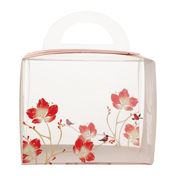 Restaurantware Sweet Vision Rectangle Clear Plastic Cupcake Box - With Handle Red Paper Wrap Flower / Bird Accent - 5" X 3 1/4" X 4" - 100 Count Box