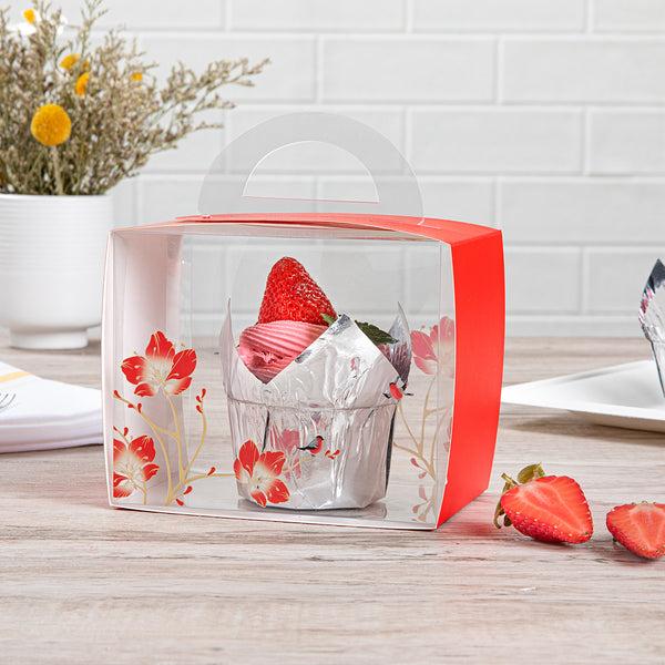 Restaurantware Sweet Vision Rectangle Clear Plastic Cupcake Box - With Handle Red Paper Wrap Flower / Bird Accent - 5" X 3 1/4" X 4" - 100 Count Box