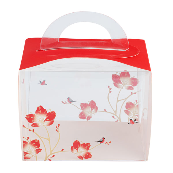 Restaurantware Sweet Vision Rectangle Clear Plastic Cupcake Box - With Handle Red Paper Wrap Flower / Bird Accent - 5" X 3 1/4" X 4" - 100 Count Box