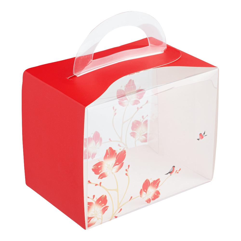 restaurantware Sweet Vision Rectangle Clear Plastic Cupcake Box - with Handle Red Paper Wrap Flower / Bird Accent - 5" x 3 1/4" x 4" - 100 count box
