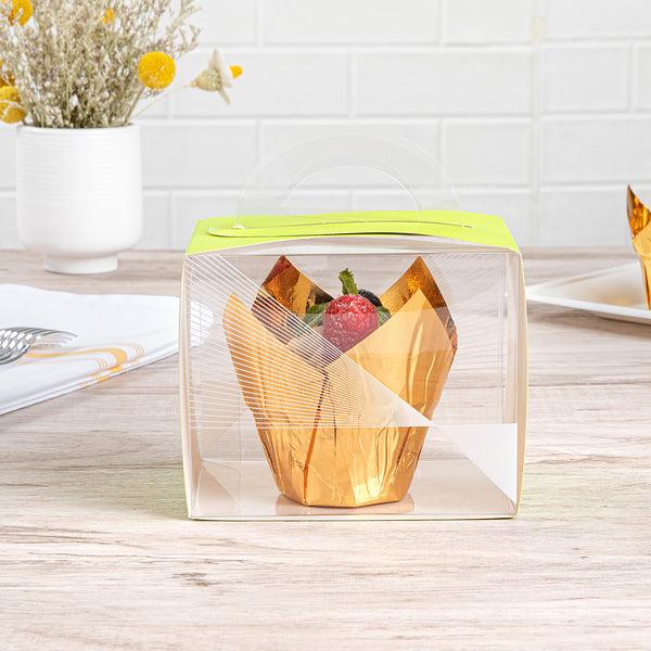 Restaurantware Sweet Vision Rectangle Clear Plastic Cupcake Box - With Handle Yellow Paper Wrap Geometric Line Accent - 5" X 3 1/4" X 4" - 100 Count Box