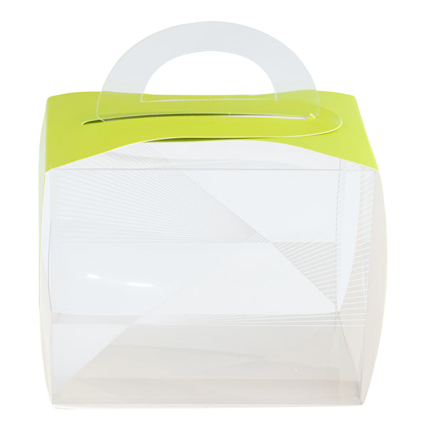 Restaurantware Sweet Vision Rectangle Clear Plastic Cupcake Box - With Handle Yellow Paper Wrap Geometric Line Accent - 5" X 3 1/4" X 4" - 100 Count Box