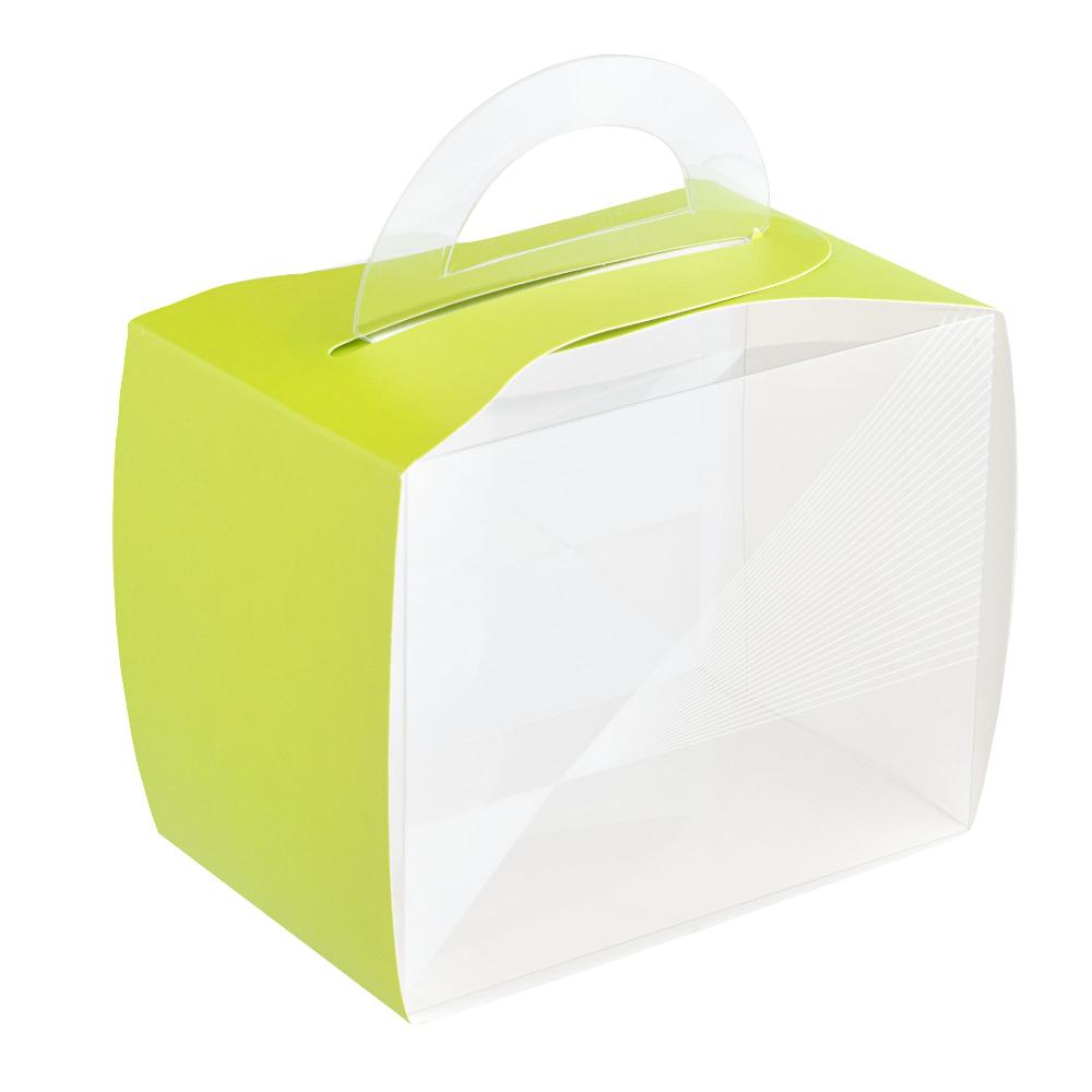 restaurantware Sweet Vision Rectangle Clear Plastic Cupcake Box - with Handle Yellow Paper Wrap Geometric Line Accent - 5" x 3 1/4" x 4" - 100 count box