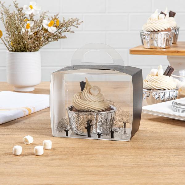 Restaurantware Sweet Vision Rectangle Clear Plastic Cupcake Box - With Handle Black Paper Wrap Tree Accent - 5" X 3 1/4" X 4" - 100 Count Box