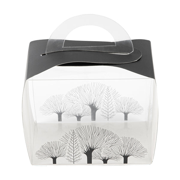 Restaurantware Sweet Vision Rectangle Clear Plastic Cupcake Box - With Handle Black Paper Wrap Tree Accent - 5" X 3 1/4" X 4" - 100 Count Box