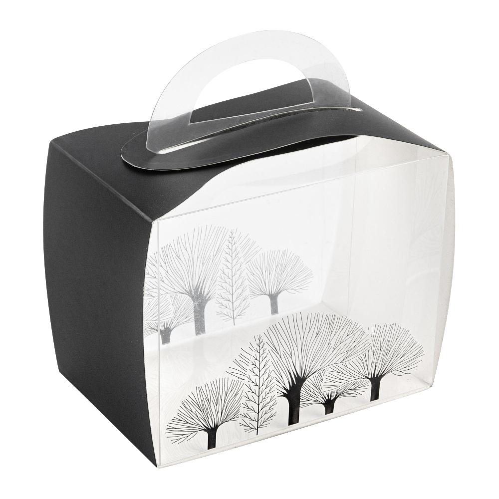 restaurantware Sweet Vision Rectangle Clear Plastic Cupcake Box - with Handle Black Paper Wrap Tree Accent - 5" x 3 1/4" x 4" - 100 count box