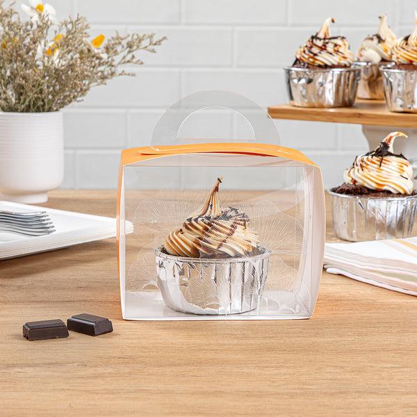 Restaurantware Sweet Vision Rectangle Clear Plastic Cupcake Box - With Handle Orange Paper Wrap Leaf Accent - 5" X 3 1/4" X 4" - 100 Count Box