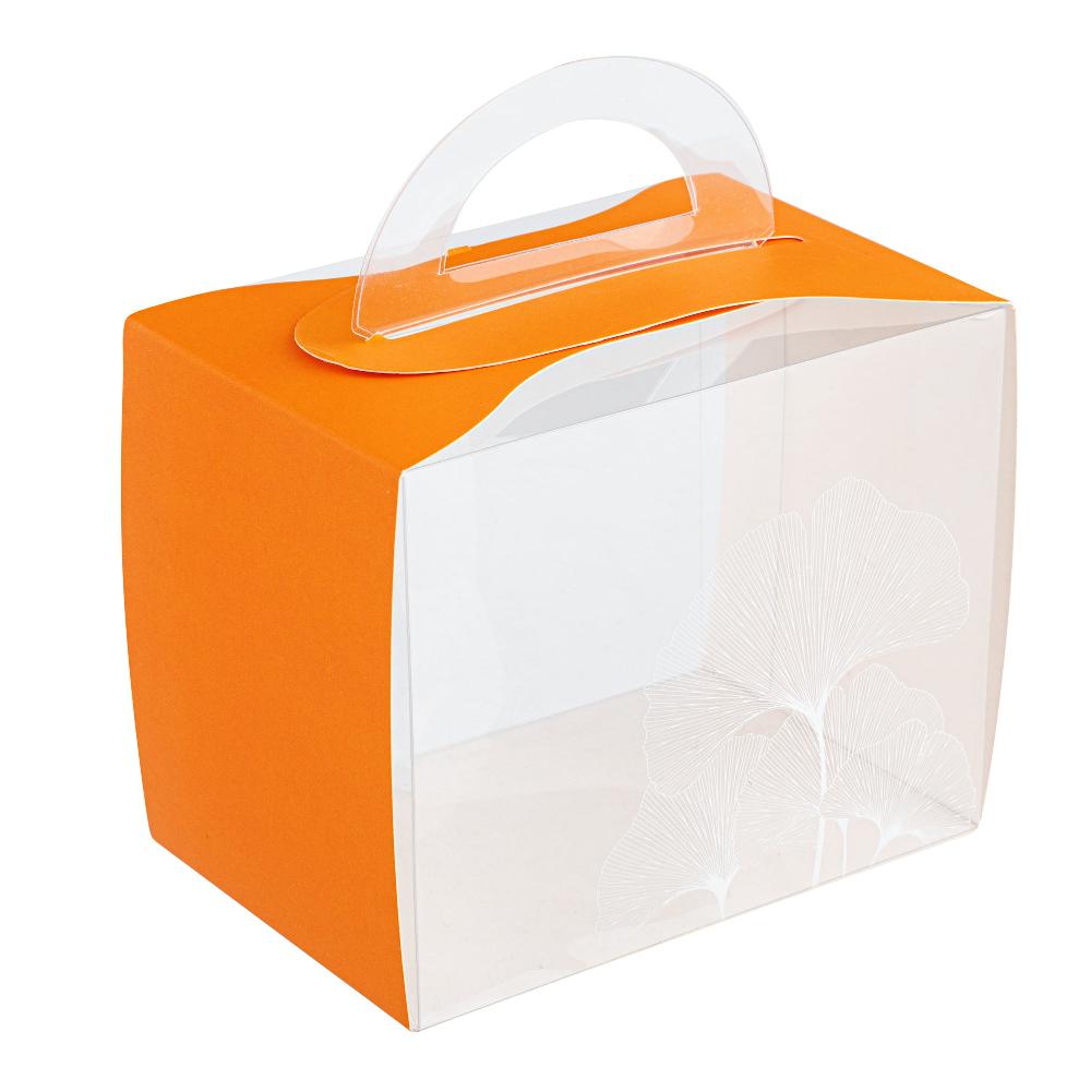 restaurantware Sweet Vision Rectangle Clear Plastic Cupcake Box - with Handle Orange Paper Wrap Leaf Accent - 5" x 3 1/4" x 4" - 100 count box