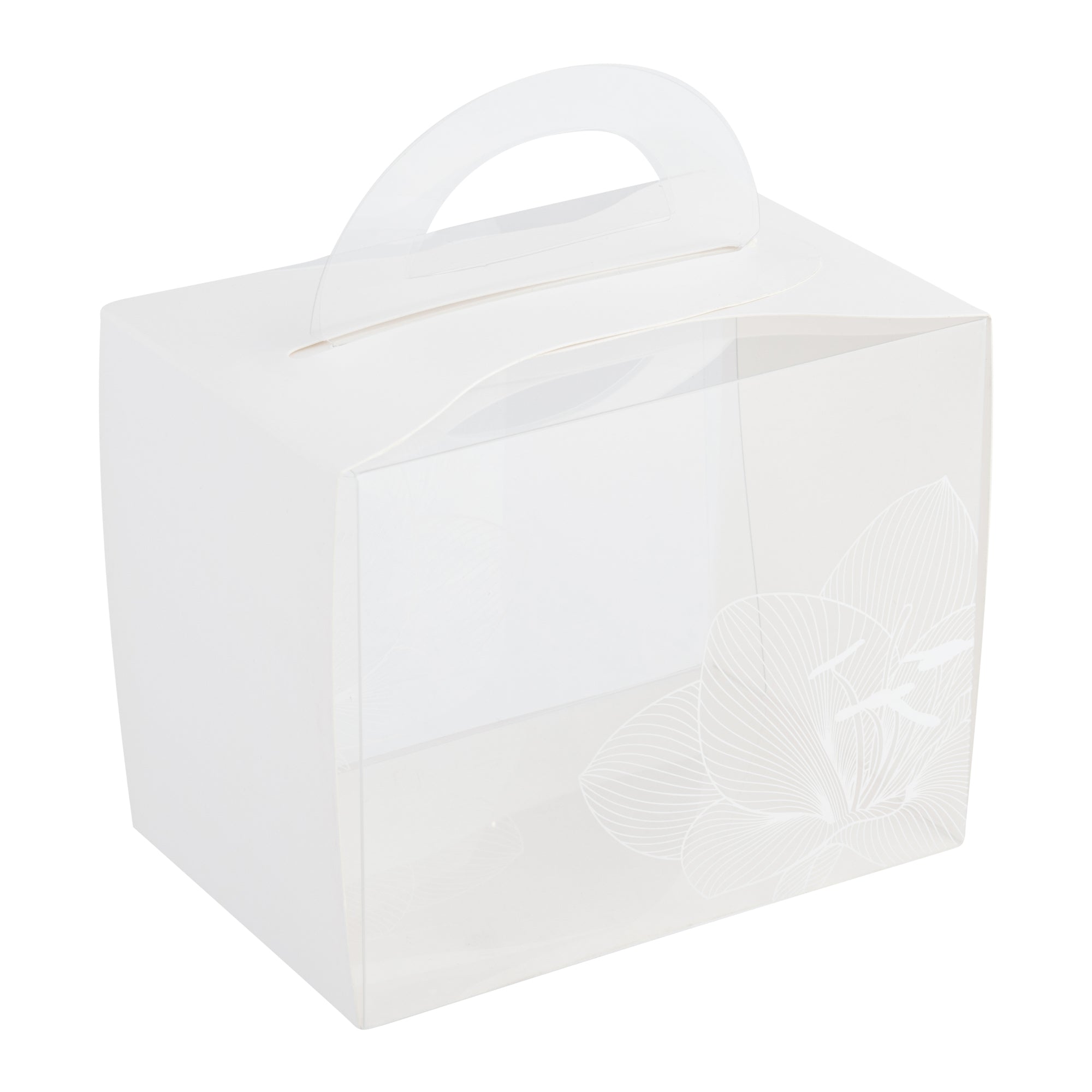 restaurantware Sweet Vision Rectangle Clear Plastic Cupcake Box - with Handle White Paper Wrap Lotus Accent - 5" x 3 1/4" x 4" - 100 count box