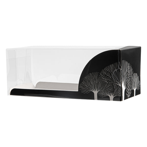 Restaurantware Sweet Vision Rectangle Clear Plastic Eclair Box - Black Paper Sleeve Tree Accent - 7" X 2 1/2" X 2 1/2" - 100 Count Box