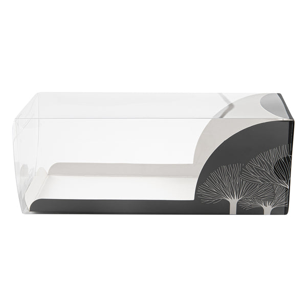 Restaurantware Sweet Vision Rectangle Clear Plastic Eclair Box - Black Paper Sleeve Tree Accent - 7" X 2 1/2" X 2 1/2" - 100 Count Box