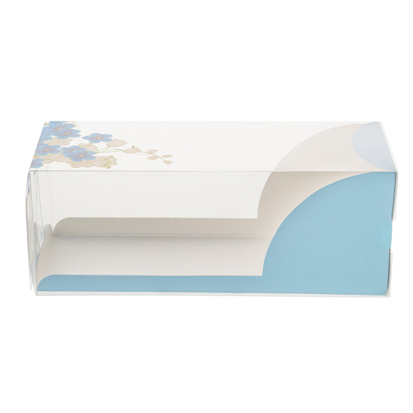 Restaurantware Sweet Vision Rectangle Clear Plastic Eclair Box - Blue Paper Sleeve Flower Accent - 7" X 2 1/2" X 2 1/2" - 100 Count Box