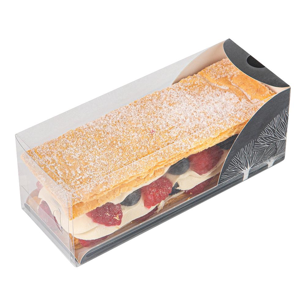 restaurantware Sweet Vision Rectangle Clear Plastic Eclair Box - Black Paper Sleeve Tree Accent - 7" x 2 1/2" x 2 1/2" - 100 count box