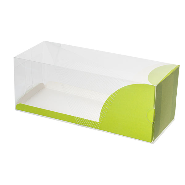 Restaurantware Sweet Vision Rectangle Clear Plastic Eclair Box - Green Paper Sleeve Geometric Line Accent - 7" X 2 1/2" X 2 1/2" - 100 Count Box