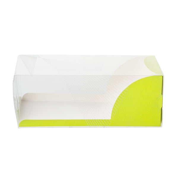 Restaurantware Sweet Vision Rectangle Clear Plastic Eclair Box - Green Paper Sleeve Geometric Line Accent - 7" X 2 1/2" X 2 1/2" - 100 Count Box