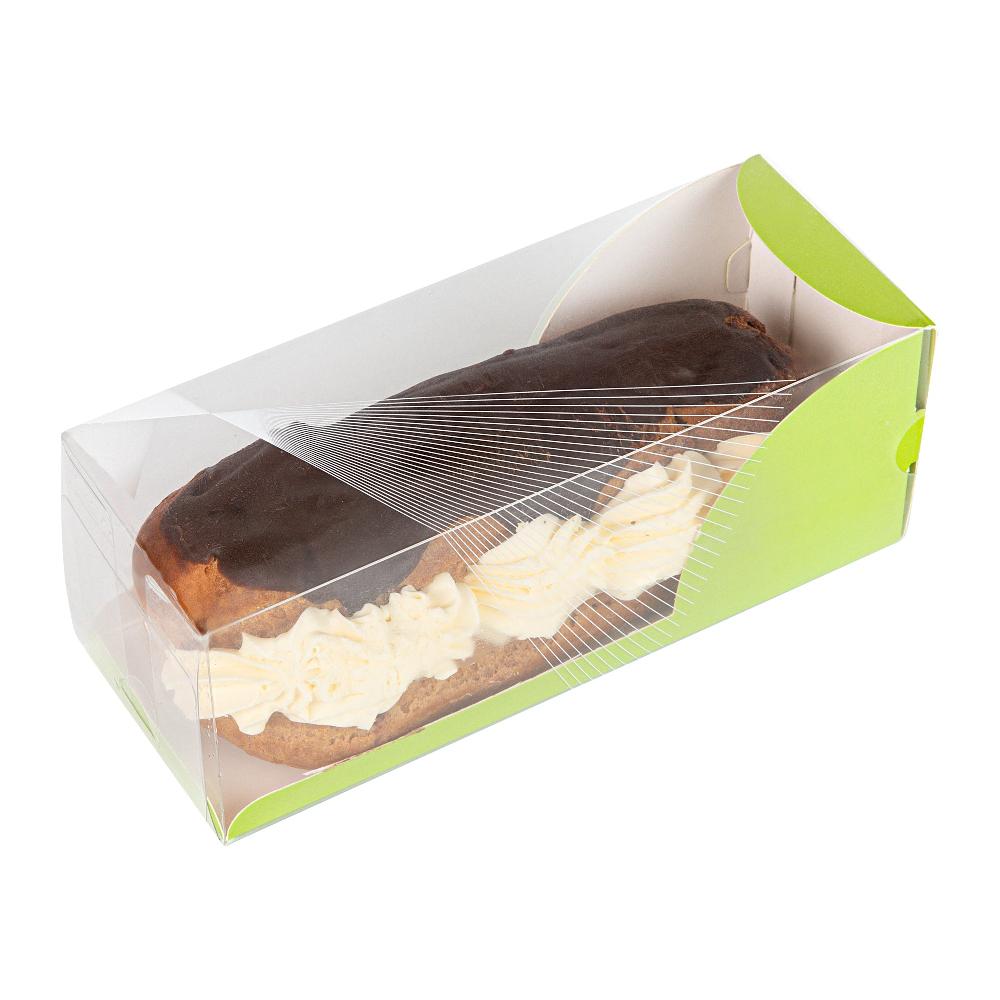 restaurantware Sweet Vision Rectangle Clear Plastic Eclair Box - Green Paper Sleeve Geometric Line Accent - 7" x 2 1/2" x 2 1/2" - 100 count box