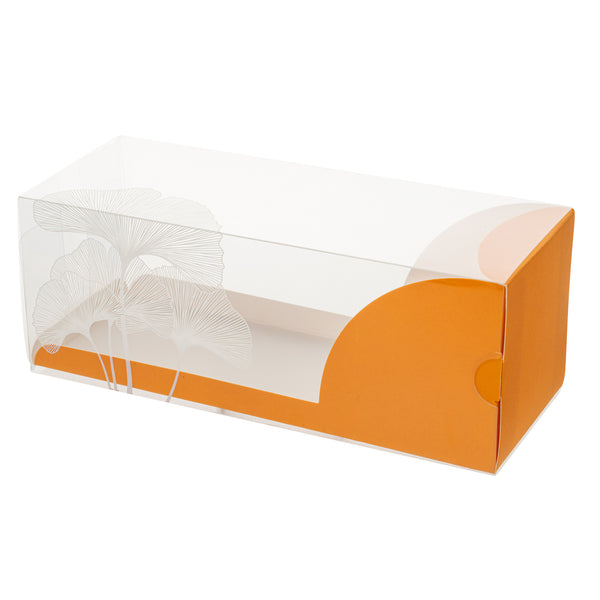 Restaurantware Sweet Vision Rectangle Clear Plastic Eclair Box - Orange Paper Sleeve Leaf Accent - 7" X 2 1/2" X 2 1/2" - 100 Count Box