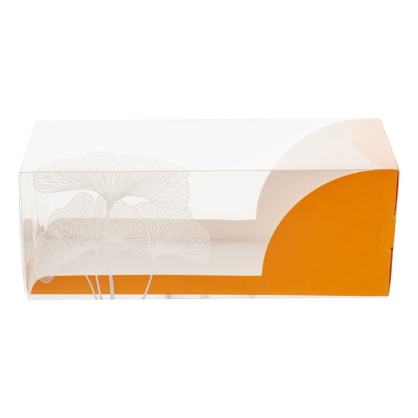 Restaurantware Sweet Vision Rectangle Clear Plastic Eclair Box - Orange Paper Sleeve Leaf Accent - 7" X 2 1/2" X 2 1/2" - 100 Count Box