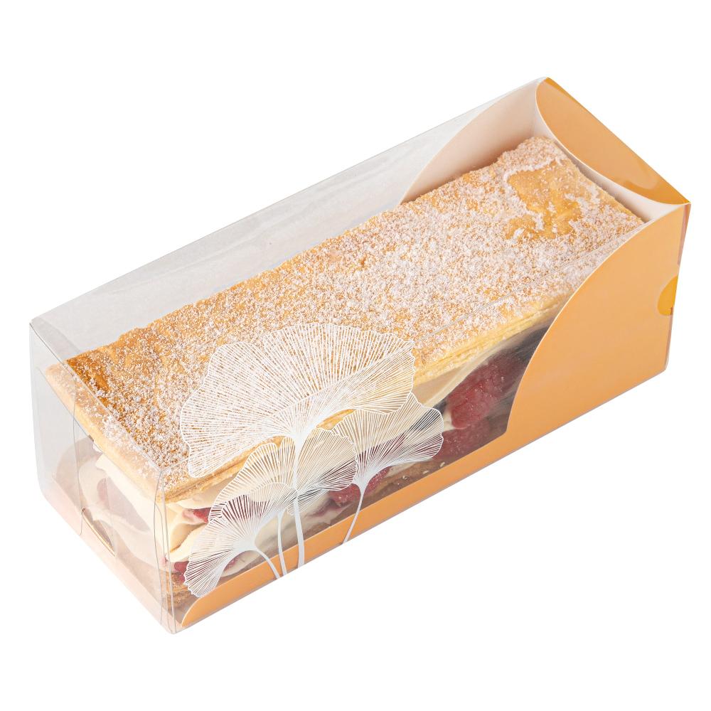 restaurantware Sweet Vision Rectangle Clear Plastic Eclair Box - Orange Paper Sleeve Leaf Accent - 7" x 2 1/2" x 2 1/2" - 100 count box
