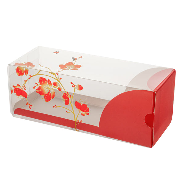 Restaurantware Sweet Vision Rectangle Clear Plastic Eclair Box - Red Paper Sleeve Flower / Bird Accent - 7" X 2 1/2" X 2 1/2" - 100 Count Box