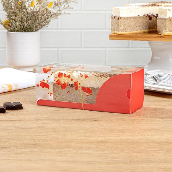 Restaurantware Sweet Vision Rectangle Clear Plastic Eclair Box - Red Paper Sleeve Flower / Bird Accent - 7" X 2 1/2" X 2 1/2" - 100 Count Box