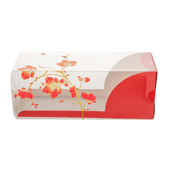 Restaurantware Sweet Vision Rectangle Clear Plastic Eclair Box - Red Paper Sleeve Flower / Bird Accent - 7" X 2 1/2" X 2 1/2" - 100 Count Box