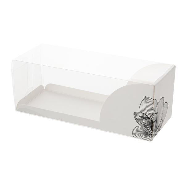 Restaurantware Sweet Vision Rectangle Clear Plastic Eclair Box - White Paper Sleeve Lotus Accent - 7" X 2 1/2" X 2 1/2" - 100 Count Box