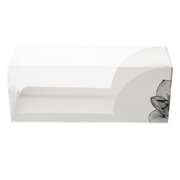 Restaurantware Sweet Vision Rectangle Clear Plastic Eclair Box - White Paper Sleeve Lotus Accent - 7" X 2 1/2" X 2 1/2" - 100 Count Box