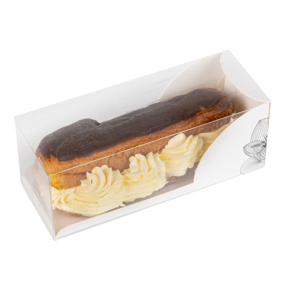 restaurantware Sweet Vision Rectangle Clear Plastic Eclair Box - White Paper Sleeve Lotus Accent - 7" x 2 1/2" x 2 1/2" - 100 count box