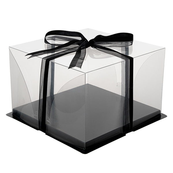 Restaurantware Sweet Vision Square Clear Plastic Cake Box - Black Base Black Ribbon - 10" X 10" X 6 3/4" - 10 Count Box