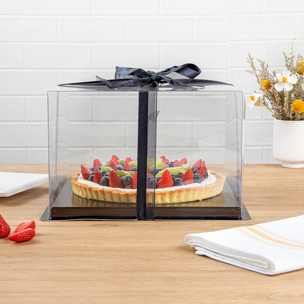 Restaurantware Sweet Vision Square Clear Plastic Cake Box - Black Base Black Ribbon - 10" X 10" X 6 3/4" - 10 Count Box