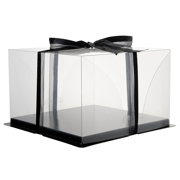 Restaurantware Sweet Vision Square Clear Plastic Cake Box - Black Base Black Ribbon - 10" X 10" X 6 3/4" - 10 Count Box