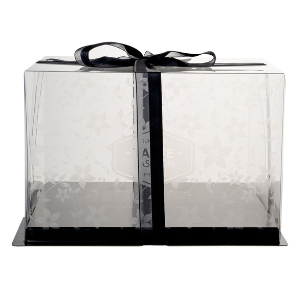 Restaurantware Sweet Vision Square Clear Plastic Cake Box - Black Base Black Ribbon Flower Garden Design - 10" X 10" X 6 3/4" - 10 Count Box