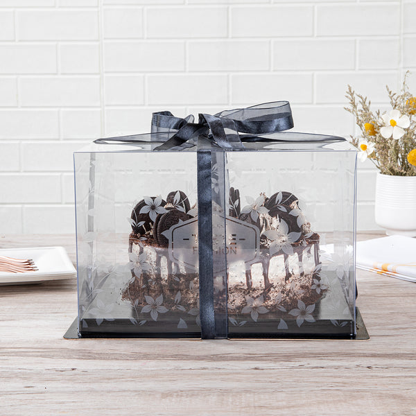 Restaurantware Sweet Vision Square Clear Plastic Cake Box - Black Base Black Ribbon Flower Garden Design - 10" X 10" X 6 3/4" - 10 Count Box