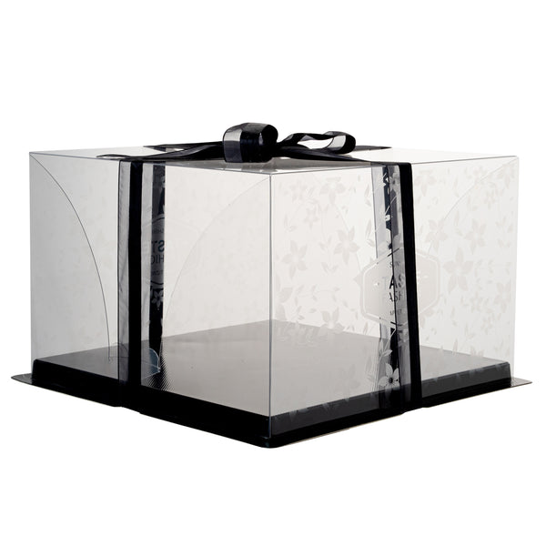 Restaurantware Sweet Vision Square Clear Plastic Cake Box - Black Base Black Ribbon Flower Garden Design - 10" X 10" X 6 3/4" - 10 Count Box