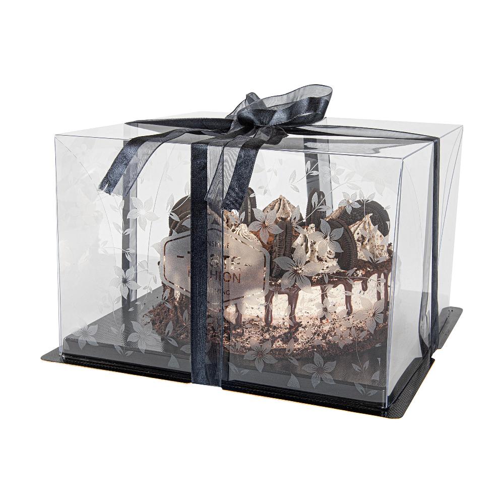 restaurantware Sweet Vision Square Clear Plastic Cake Box - Black Base Black Ribbon Flower Garden Design - 10" x 10" x 6 3/4" - 10 count box