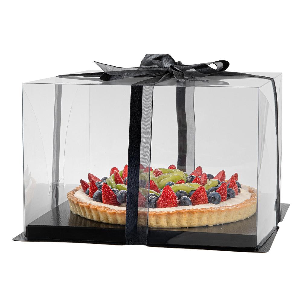restaurantware Sweet Vision Square Clear Plastic Cake Box - Black Base Black Ribbon - 10" x 10" x 6 3/4" - 10 count box