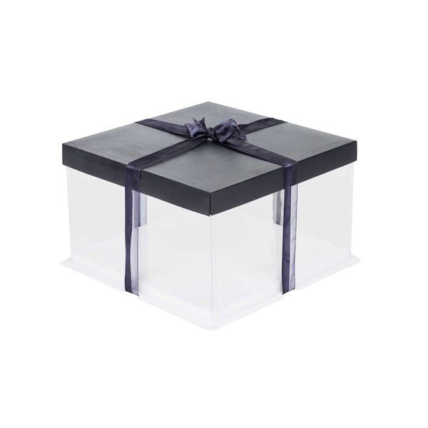 Restaurantware Sweet Vision Square Clear Plastic Cake Box - Black Lid And White Base Black Ribbon - 10" X 10" X 8 1/4" - 10 Count Box