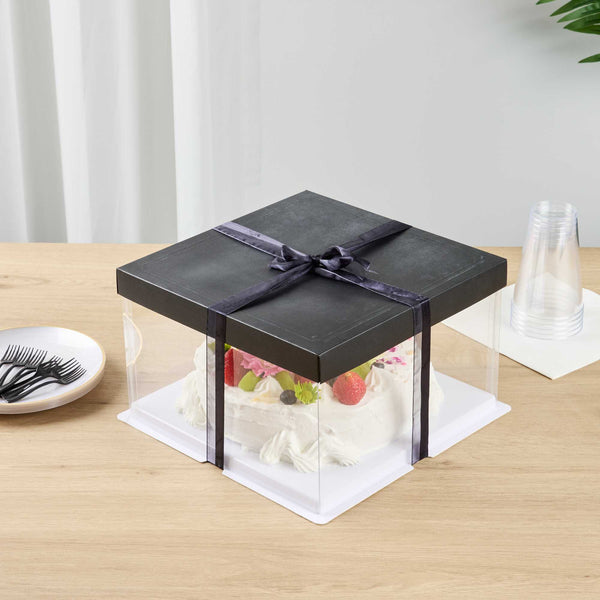 Restaurantware Sweet Vision Square Clear Plastic Cake Box - Black Lid And White Base Black Ribbon - 10" X 10" X 8 1/4" - 10 Count Box