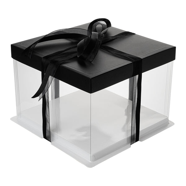 Restaurantware Sweet Vision Square Clear Plastic Cake Box - Black Lid And White Base Black Ribbon - 8 1/2" X 8 1/2" X 6 3/4" - 10 Count Box