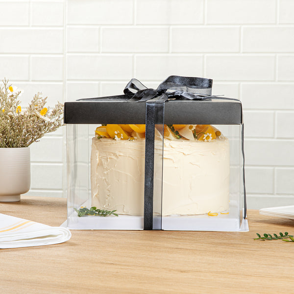 Restaurantware Sweet Vision Square Clear Plastic Cake Box - Black Lid And White Base Black Ribbon - 8 1/2" X 8 1/2" X 6 3/4" - 10 Count Box
