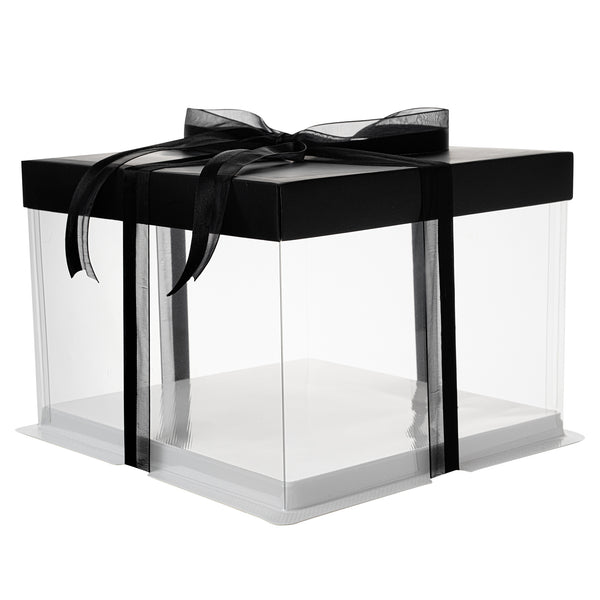 Restaurantware Sweet Vision Square Clear Plastic Cake Box - Black Lid And White Base Black Ribbon - 8 1/2" X 8 1/2" X 6 3/4" - 10 Count Box