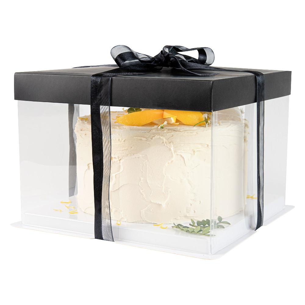 restaurantware Sweet Vision Square Clear Plastic Cake Box - Black Lid and White Base Black Ribbon - 8 1/2" x 8 1/2" x 6 3/4" - 10 count box